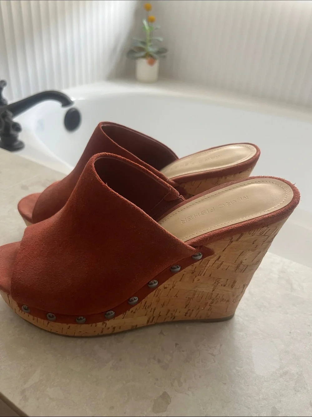 Marc Fisher Rust Suede Platform Wedge Mules